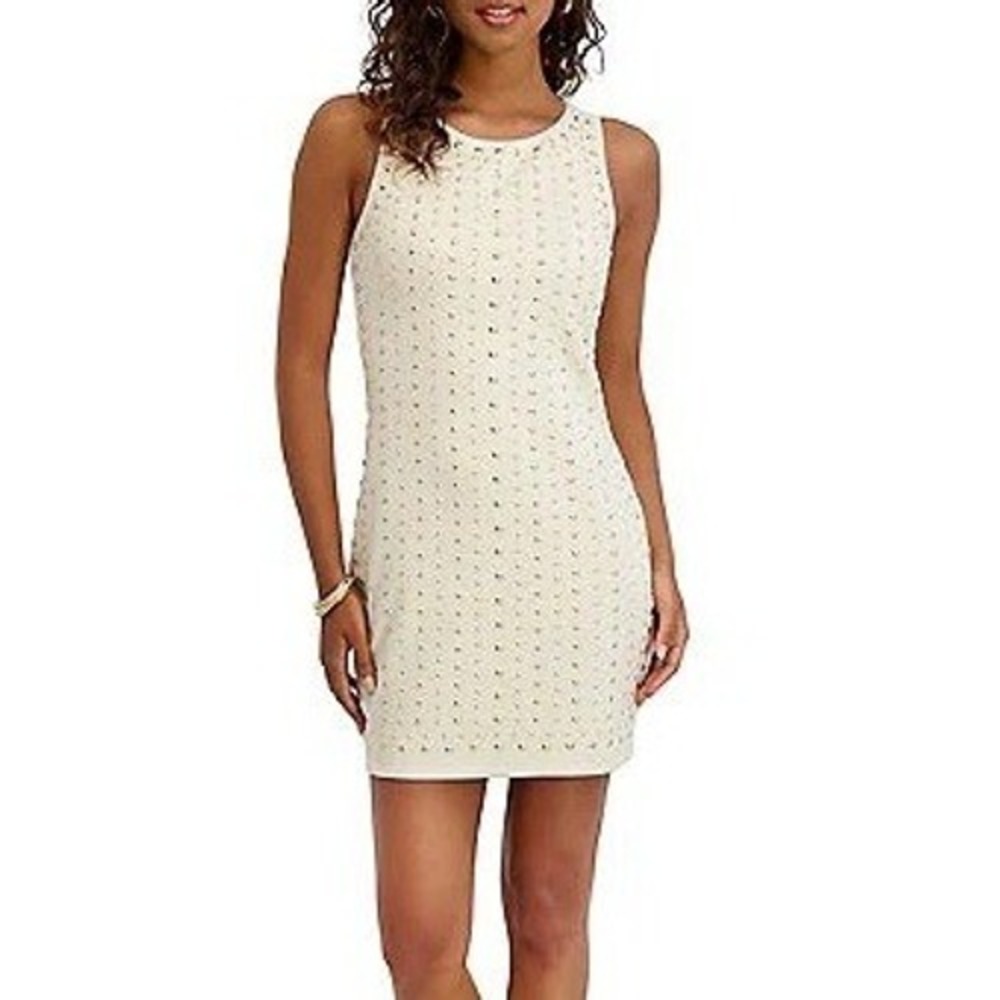 Siena Studded Sheath Dress Womens‎ Beige Faux Suede Gold Studs 10 $138